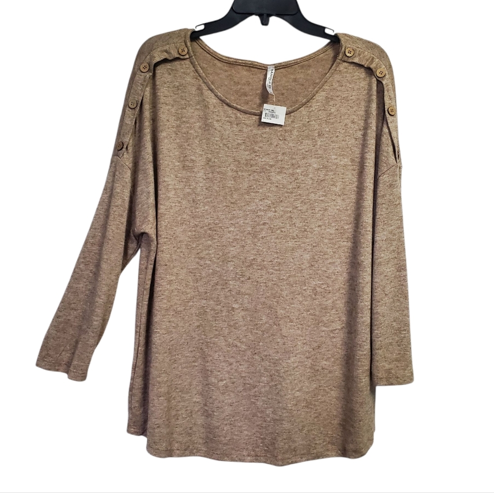 NWT Hanger 55 Women's Tan Faux Button-Shoulder Lightweight Sweater Top